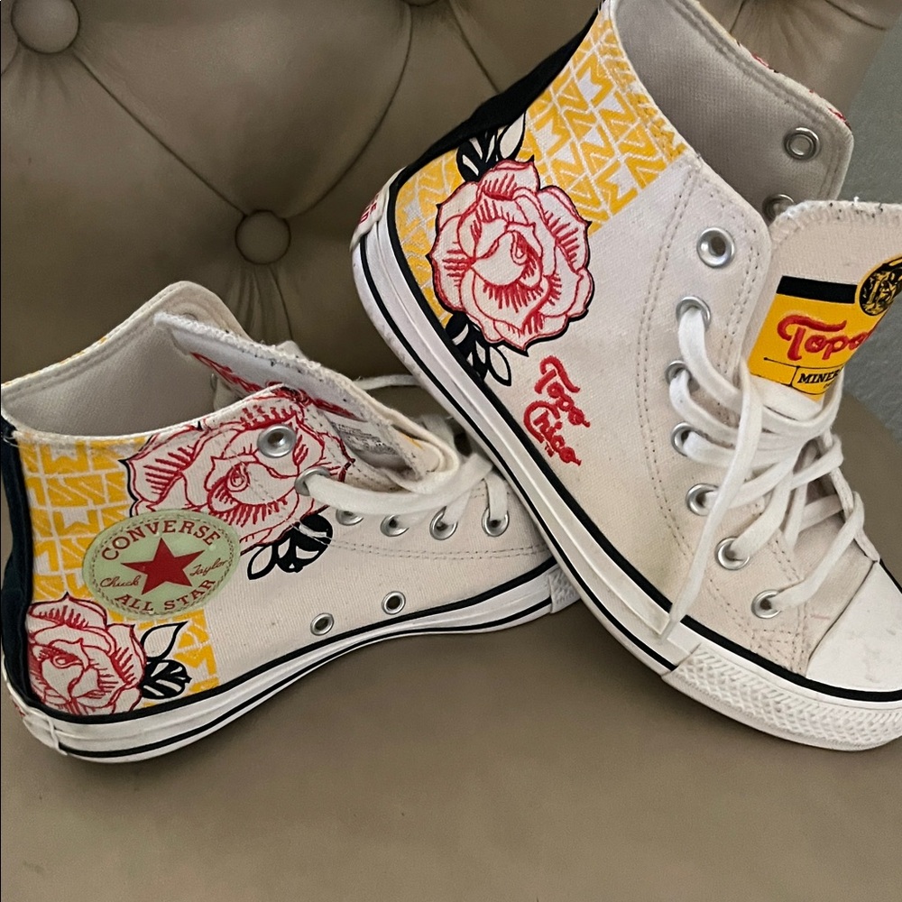 Converse Kids White High-Top Sneakers with Yellow & Red Floral Accents